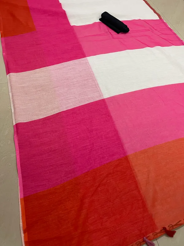 Luxurious White and Pink Color Cotton Linen Saree With Unstitched Blouse Piece For Women