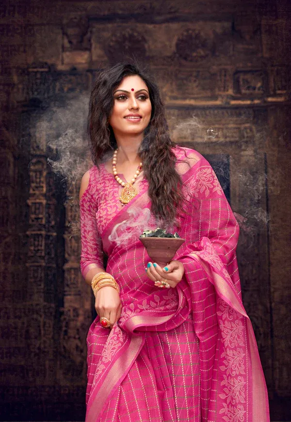 Glamorous Pink Color Cotton Linen Saree With Unstitched Blouse Piece For Women