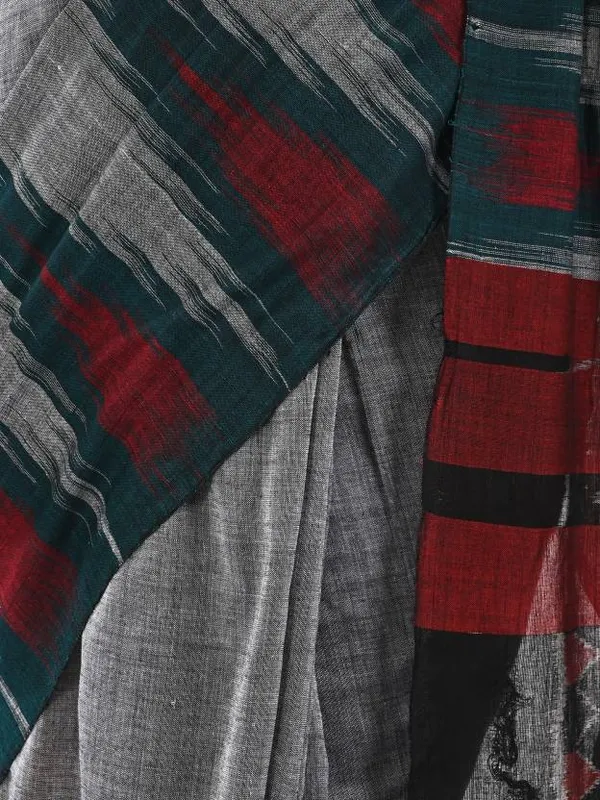Royal Gray and Red Color Cotton Linen Saree With Unstitched Blouse Piece For Women