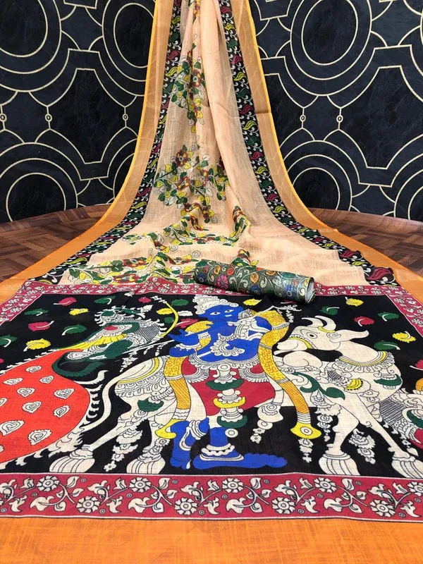 Vibrant Multi Color Cotton Linen Saree With Unstitched Blouse Piece For Women