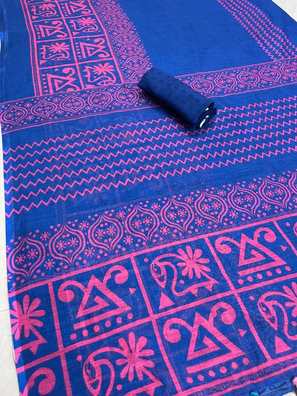 Classy Blue Color Cotton Linen Saree With Unstitched Blouse Piece For Women