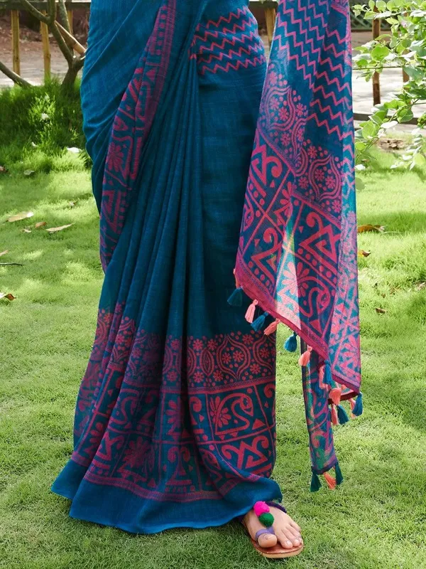 Classy Blue Color Cotton Linen Saree With Unstitched Blouse Piece For Women