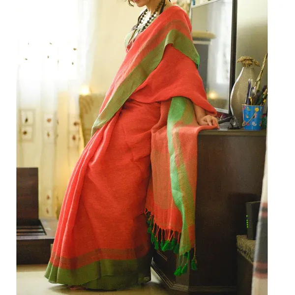 Exquisite Orange Color Cotton Linen Saree With Unstitched Blouse Piece For Women