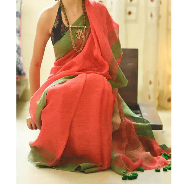 Exquisite Orange Color Cotton Linen Saree With Unstitched Blouse Piece For Women