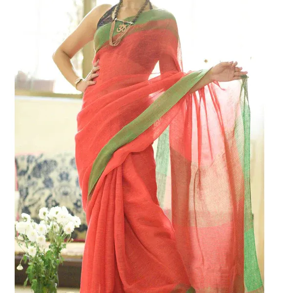 Exquisite Orange Color Cotton Linen Saree With Unstitched Blouse Piece For Women