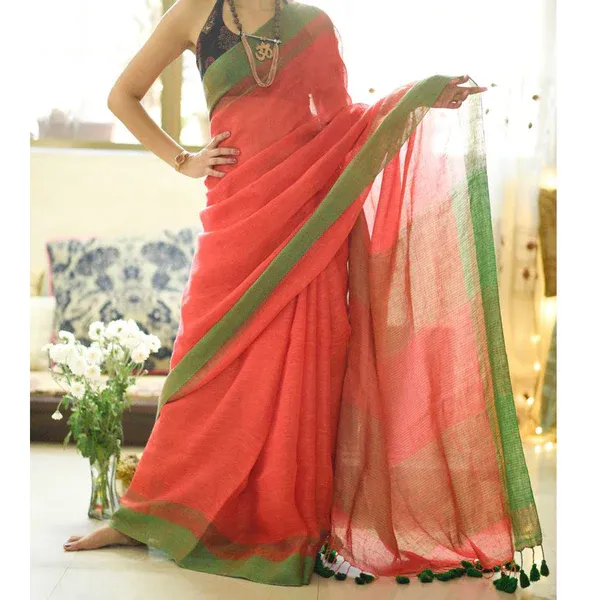 Exquisite Orange Color Cotton Linen Saree With Unstitched Blouse Piece For Women