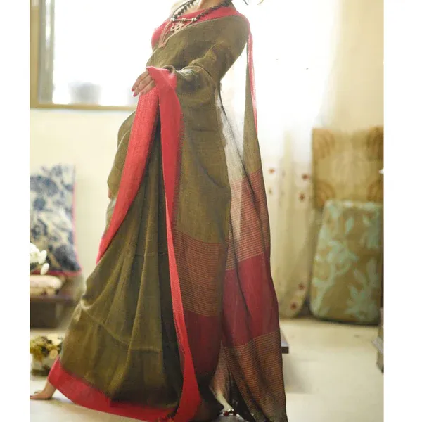 Vibrant Green Color Cotton Linen Saree With Unstitched Blouse Piece For Women
