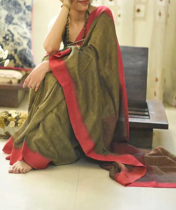 Vibrant Green Color Cotton Linen Saree With Unstitched Blouse Piece For Women