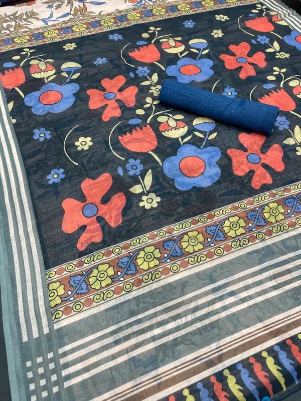 Regal multi Color Cotton Linen Saree With Unstitched Blouse Piece For Women