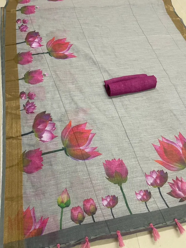 Majestic Multi Color Cotton Linen Saree With Unstitched Blouse Piece For Women