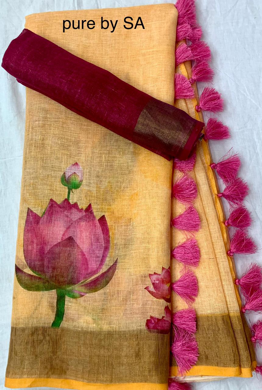 Classy Yellow Color Cotton Linen Saree With Unstitched Blouse Piece For Women