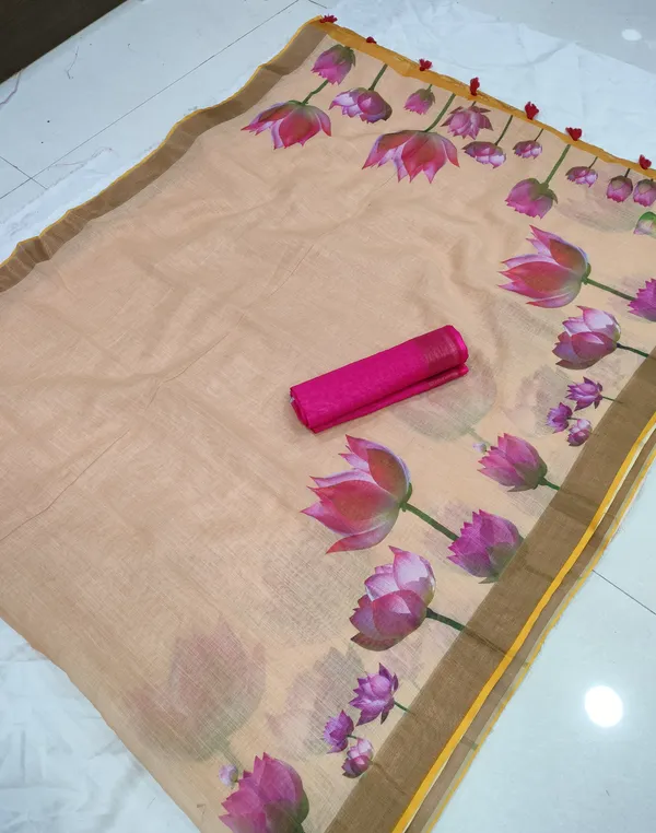 Classy Yellow Color Cotton Linen Saree With Unstitched Blouse Piece For Women