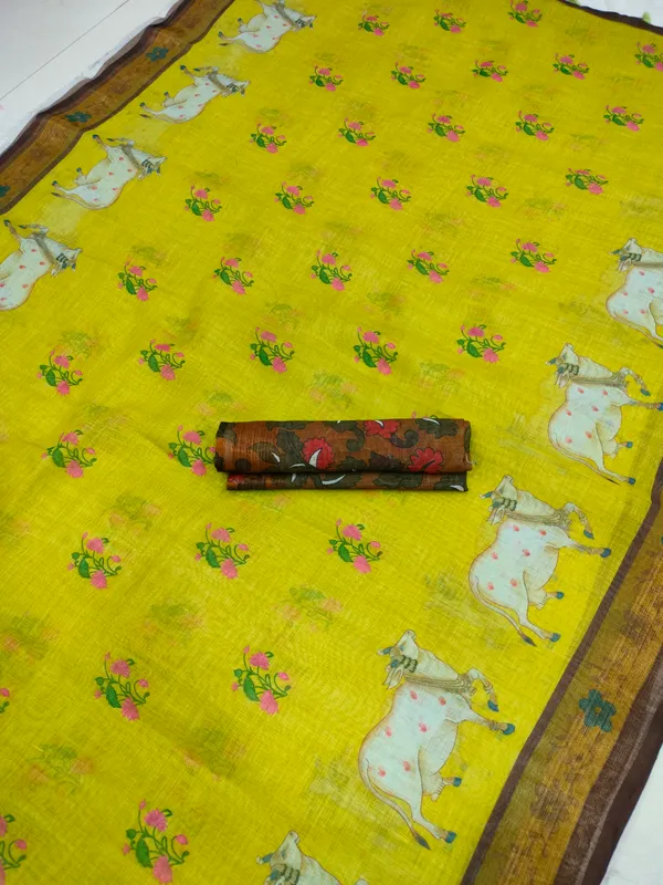 Timeless Yellow and Green Color Cotton Linen Saree With Unstitched Blouse Piece For Women