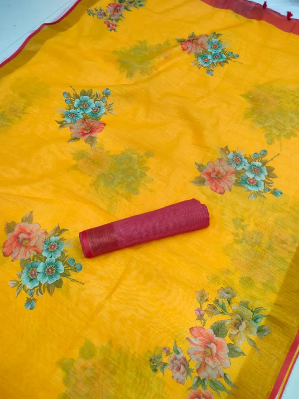 Glamorous Yellow Color Cotton Linen Saree With Unstitched Blouse Piece For Women