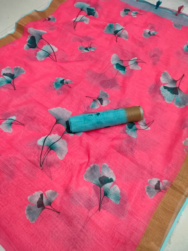 Ravishing Pink Color Cotton Linen Saree With Unstitched Blouse Piece For Women