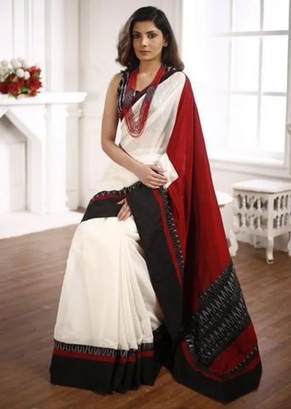 Mesmerizing Red and White Color Cotton Linen Saree With Unstitched Blouse Piece For Women