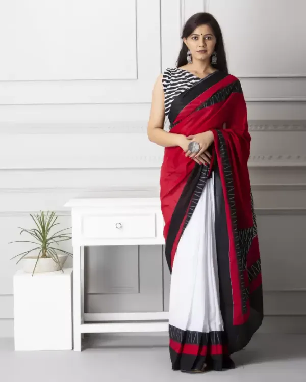 Mesmerizing Red and White Color Cotton Linen Saree With Unstitched Blouse Piece For Women