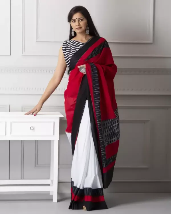 Mesmerizing Red and White Color Cotton Linen Saree With Unstitched Blouse Piece For Women