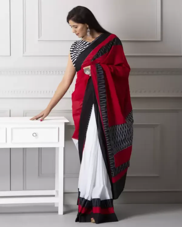 Mesmerizing Red and White Color Cotton Linen Saree With Unstitched Blouse Piece For Women