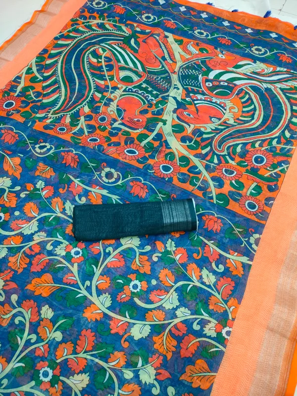 Exquisite Blue Color Cotton Linen Saree With Unstitched Blouse Piece For Women