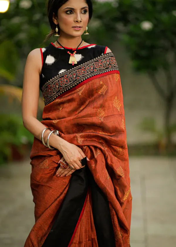 Gorgeous Red Color Cotton Linen Saree With Unstitched Blouse Piece For Women