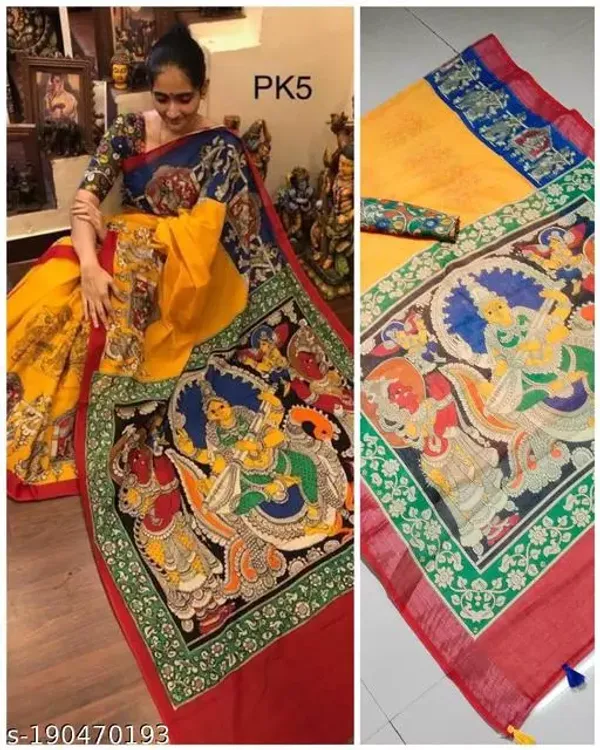 Gorgeous Yellow with Red Color Cotton Linen Saree With Unstitched Blouse Piece For Women