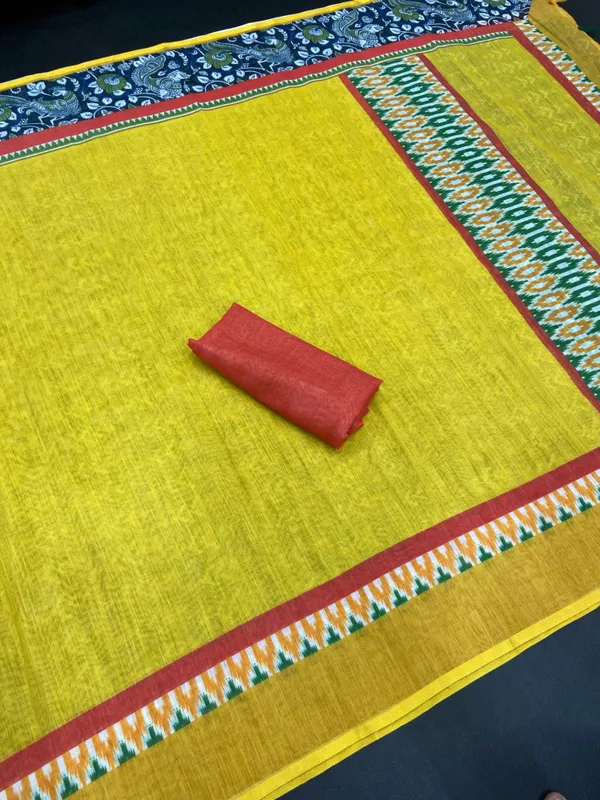 Ethereal Yellow Color Cotton Linen Saree With Unstitched Blouse Piece For Women
