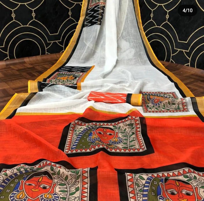 Radiant White and Red Color Cotton Linen Saree With Unstitched Blouse Piece For Women