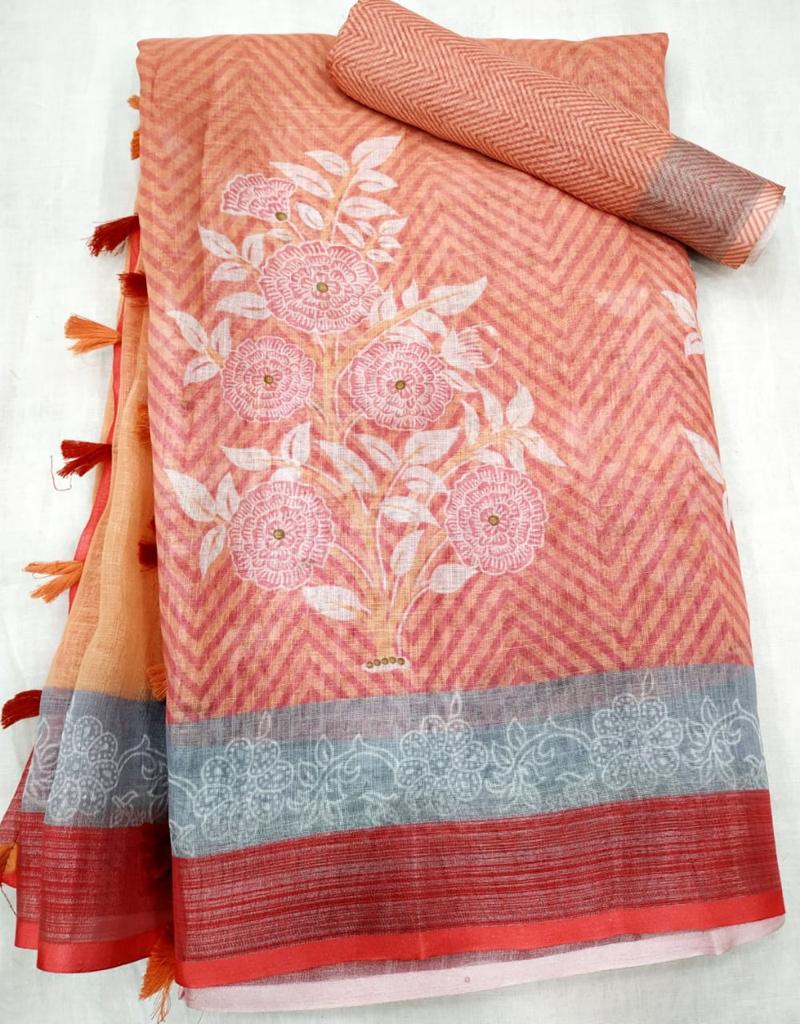 Glamorous Red Color Cotton Linen Saree With Unstitched Blouse Piece For Women