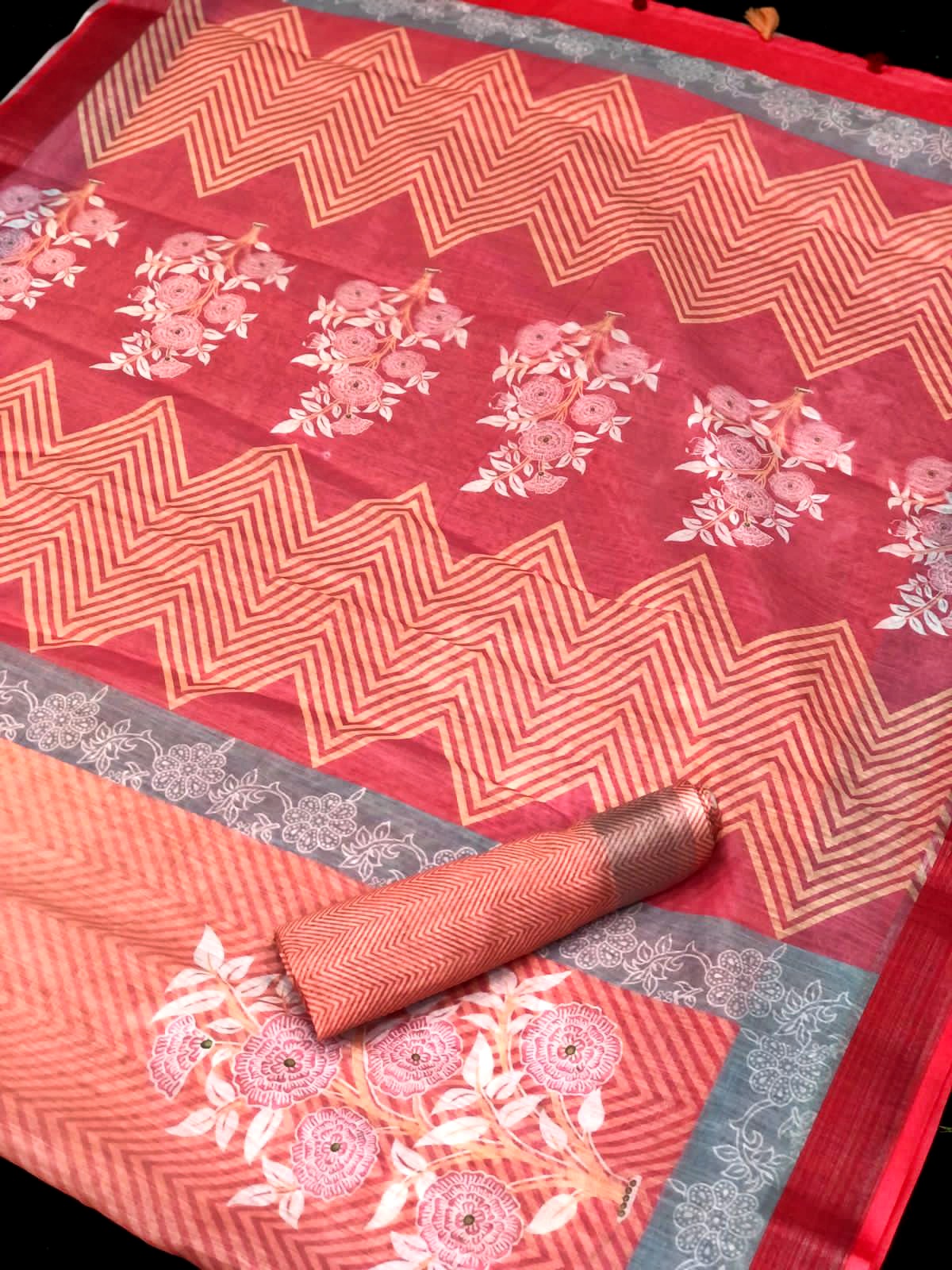 Glamorous Red Color Cotton Linen Saree With Unstitched Blouse Piece For Women