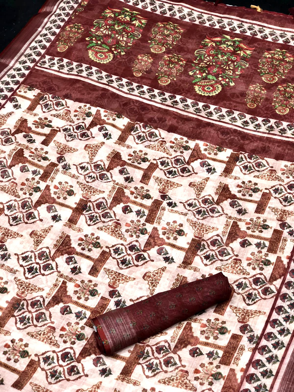 Royal Reddish-Brown Color Cotton Linen Saree With Unstitched Blouse Piece For Women