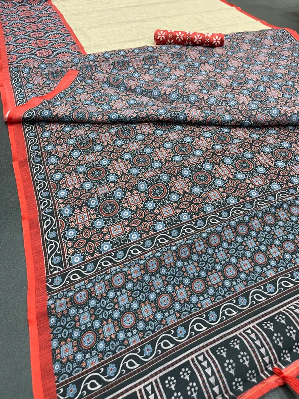 Alluring Beige Color Cotton Linen Saree With Unstitched Blouse Piece For Women