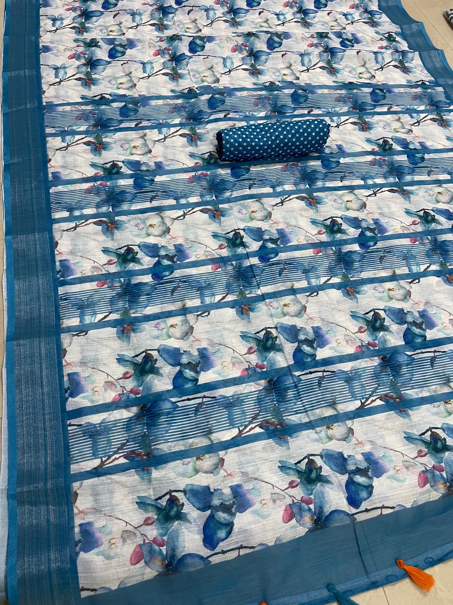 Timeless Sky Blue Color Cotton Linen Saree With Unstitched Blouse Piece For Women