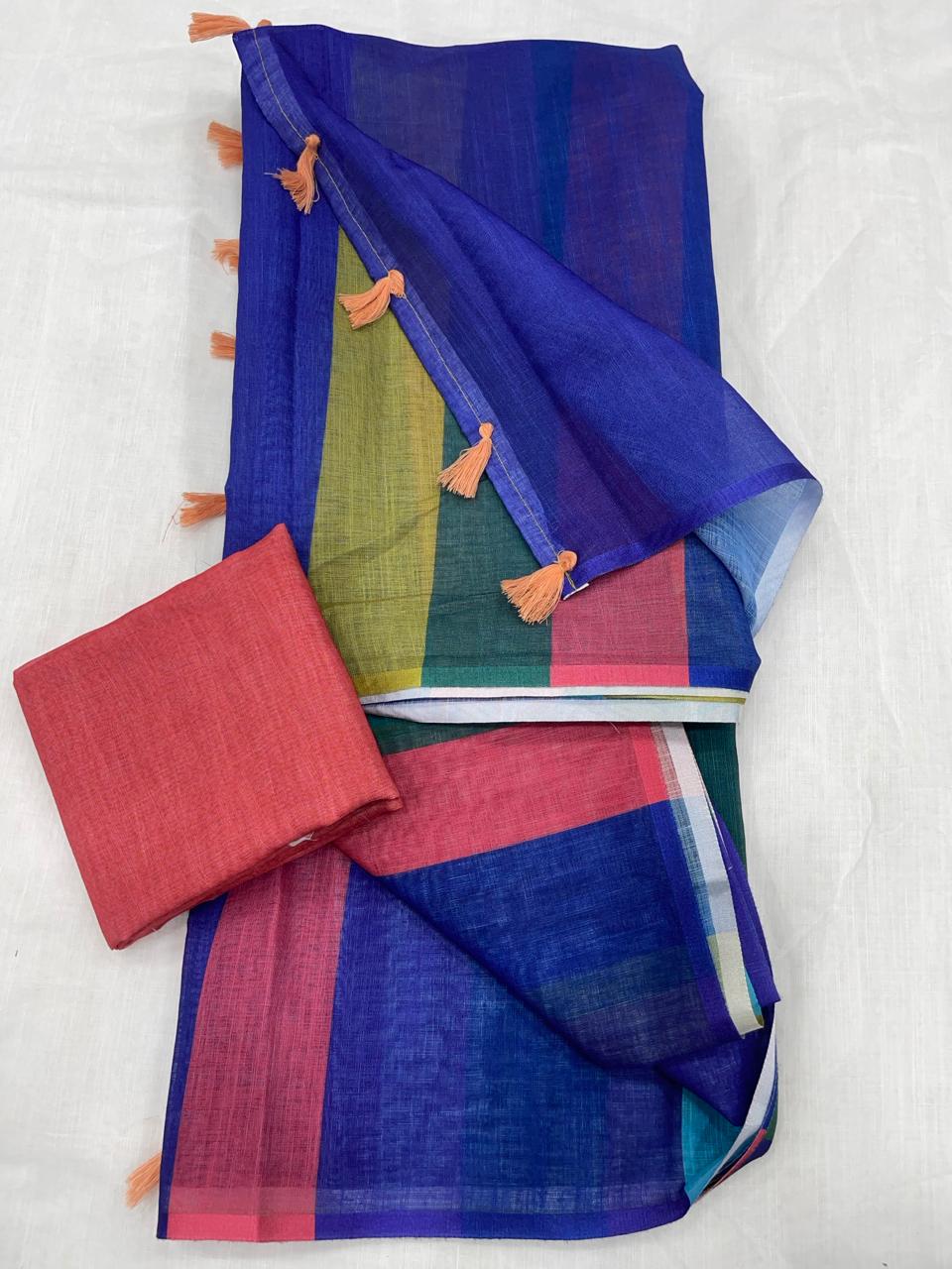 Charming Blue and Red Color Cotton Linen Saree With Unstitched Blouse Piece For Women