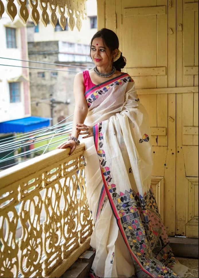 Charming White Color Cotton Linen Saree With Unstitched Blouse Piece For Women