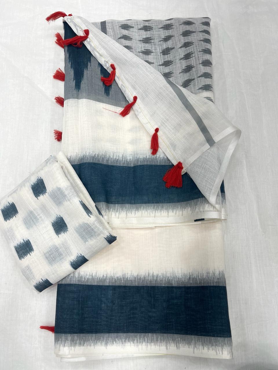 Regal White and Blue Color Cotton Linen Saree With Unstitched Blouse Piece For Women