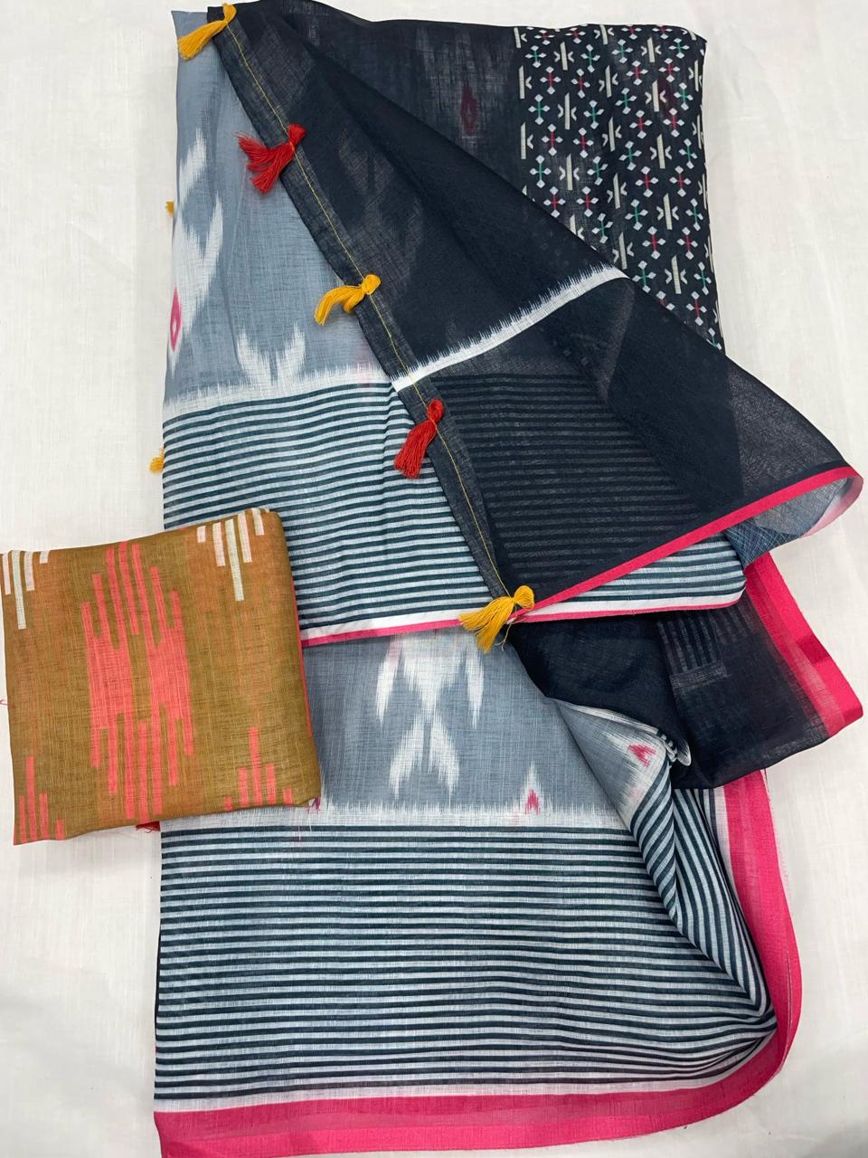 Stunning White and Gray Color Cotton Linen Saree With Unstitched Blouse Piece For Women