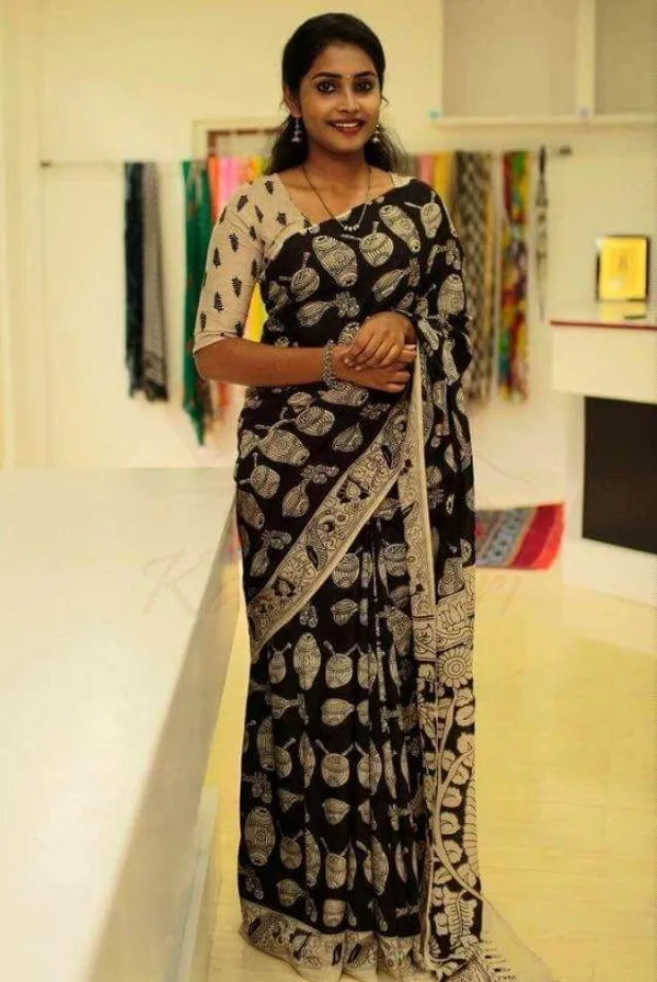 Alluring Black with White Color Cotton Linen Saree With Unstitched Blouse Piece For Women