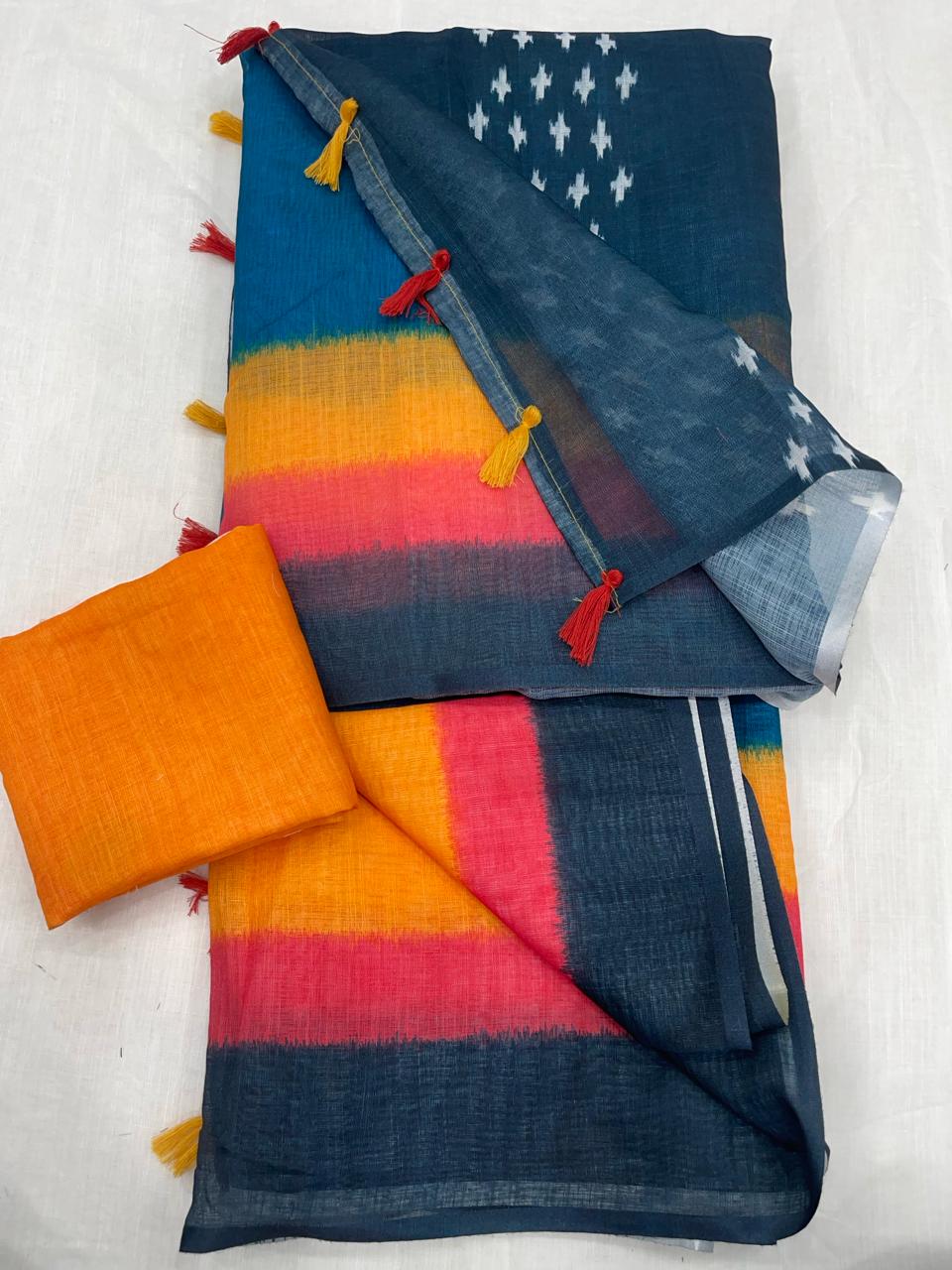 Sophisticated Blue and Yellow Color Cotton Linen Saree With Unstitched Blouse Piece For Women