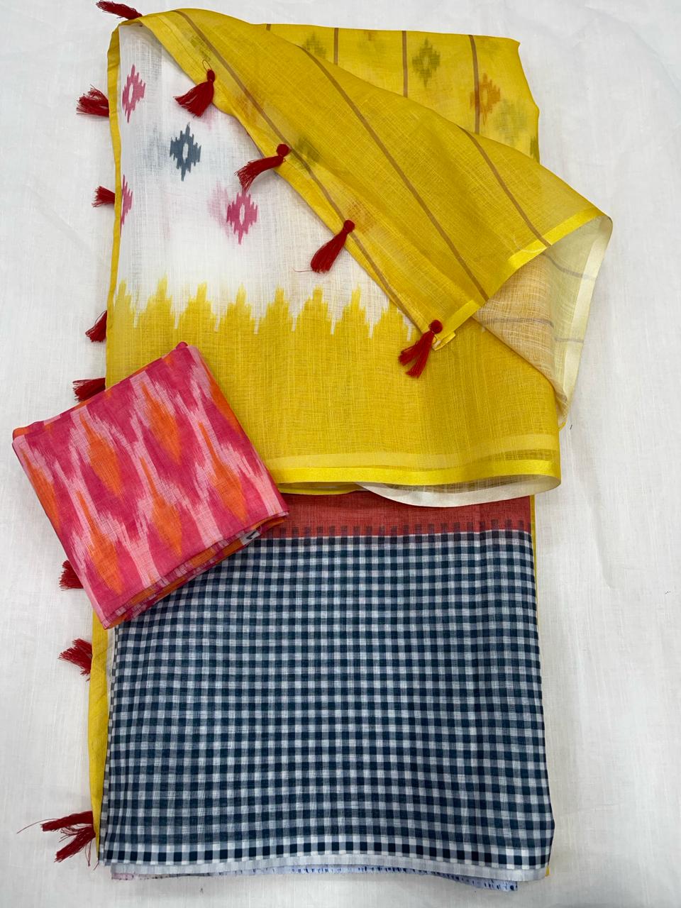 Luxurious White and Yellow Color Cotton Linen Saree With Unstitched Blouse Piece For Women