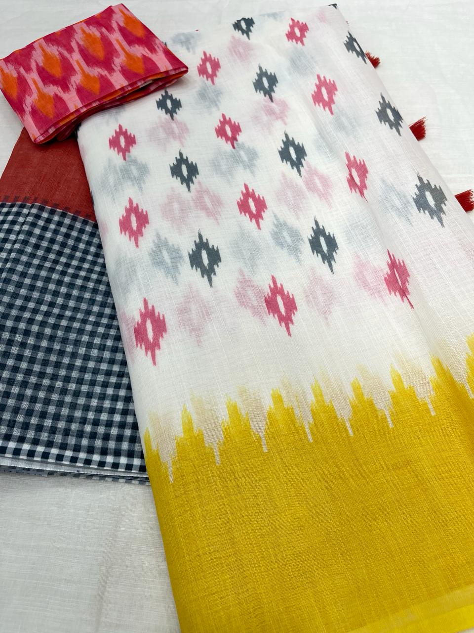 Luxurious White and Yellow Color Cotton Linen Saree With Unstitched Blouse Piece For Women