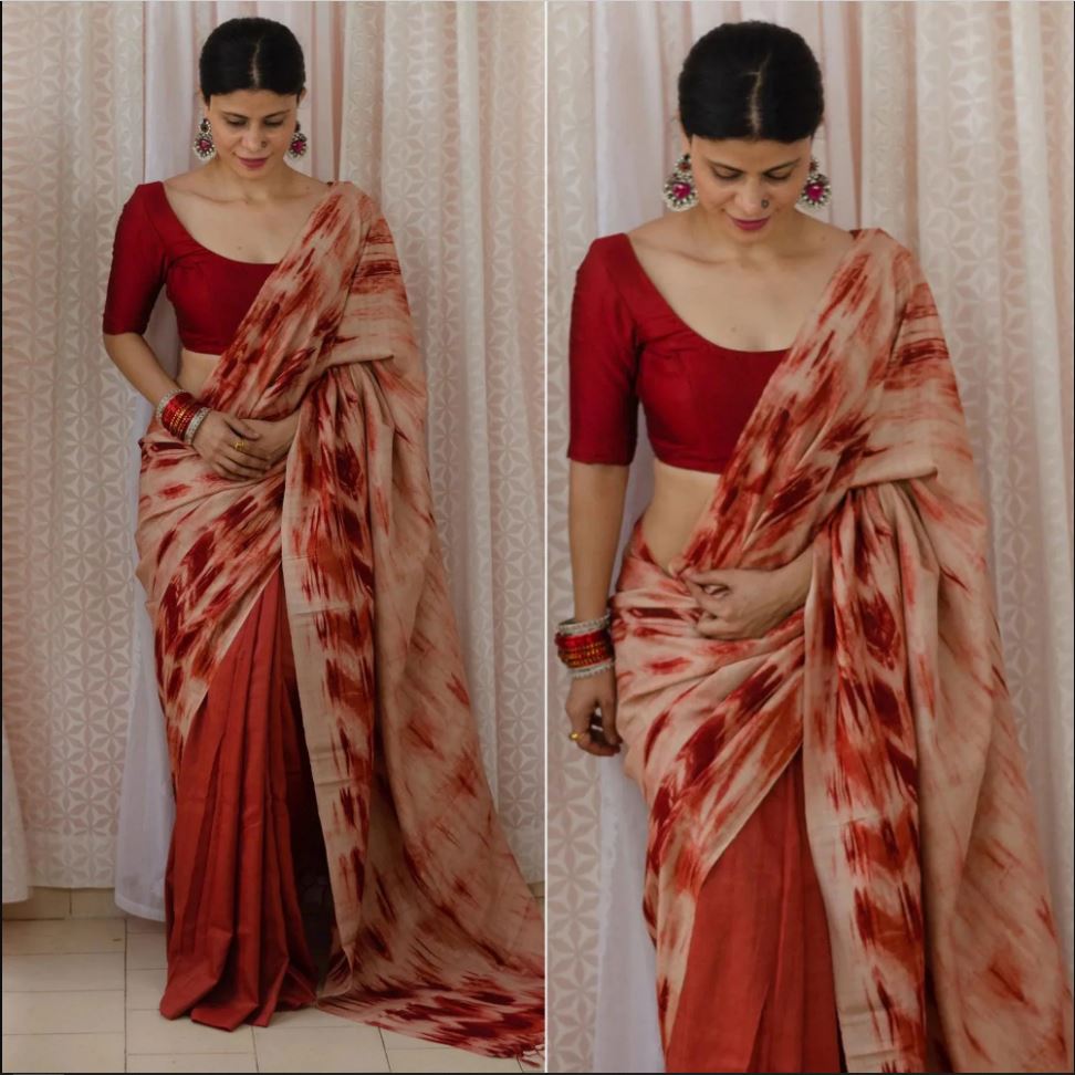 Radiant Red Color Cotton Linen Saree With Unstitched Blouse Piece For Women