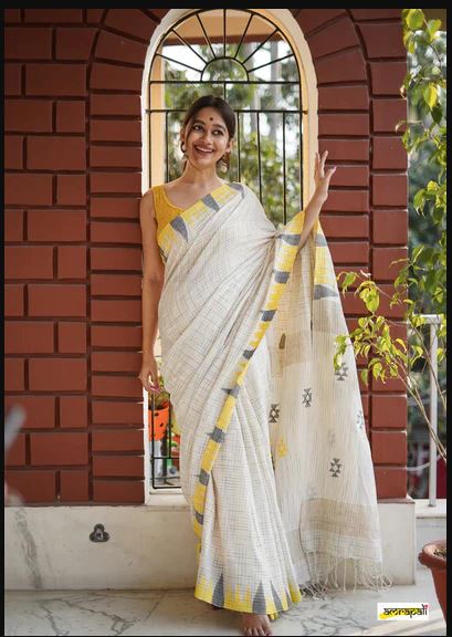 Timeless White Color Cotton Linen Saree With Unstitched Blouse Piece For Women