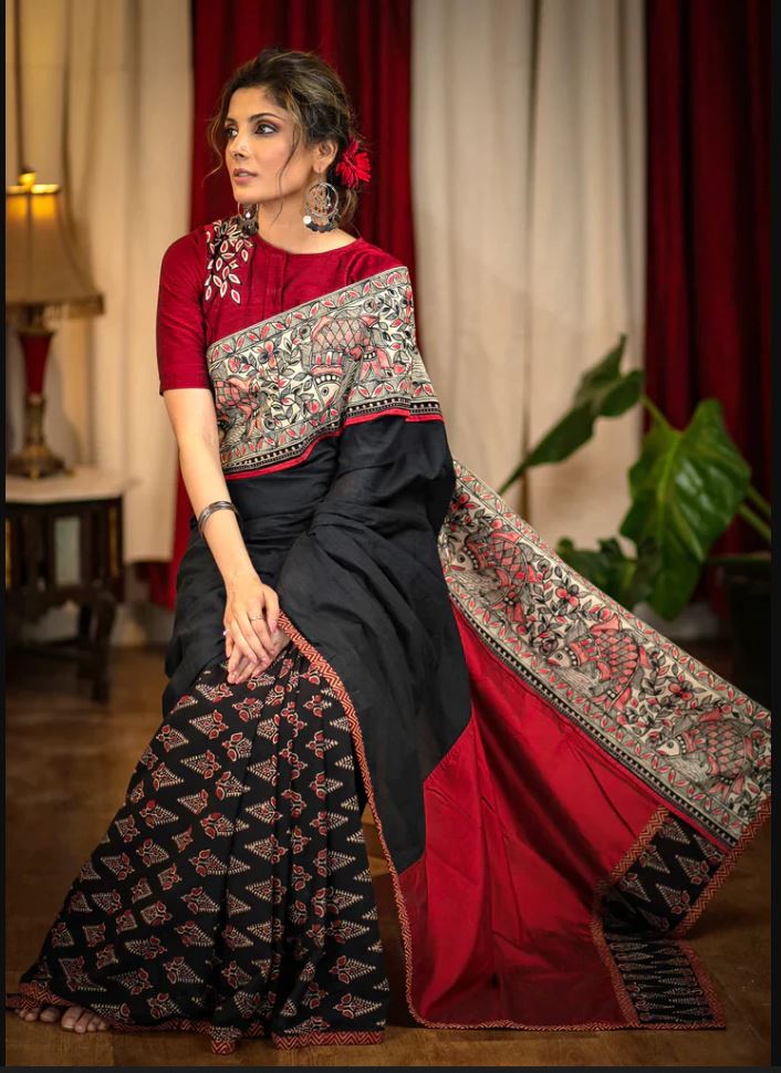 Stunning Red and Green Color Cotton Linen Saree With Unstitched Blouse Piece For Women
