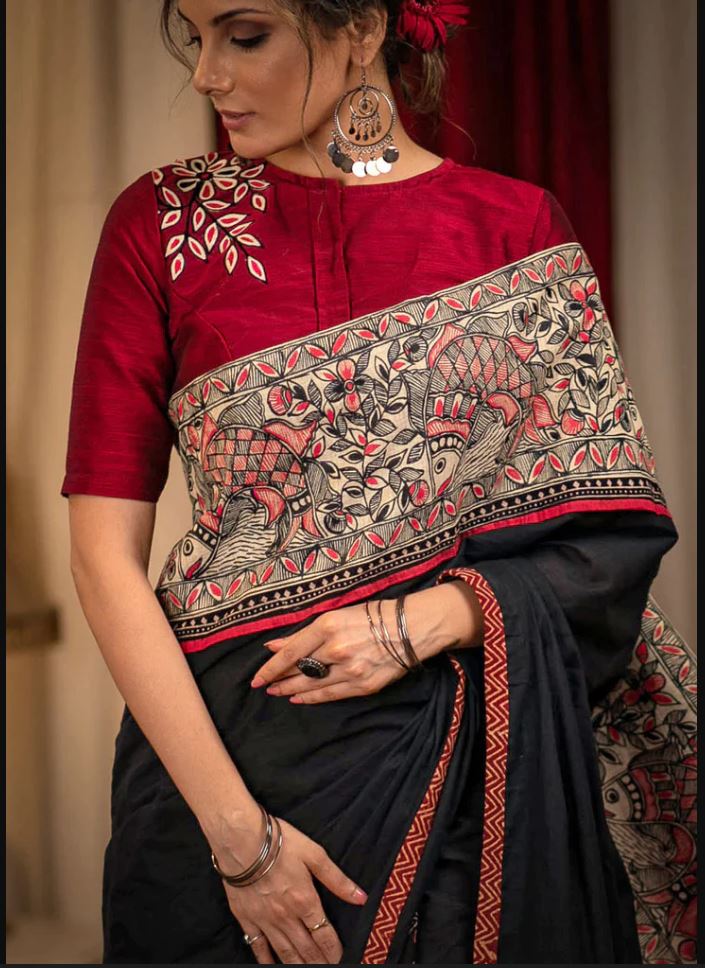 Stunning Red and Green Color Cotton Linen Saree With Unstitched Blouse Piece For Women