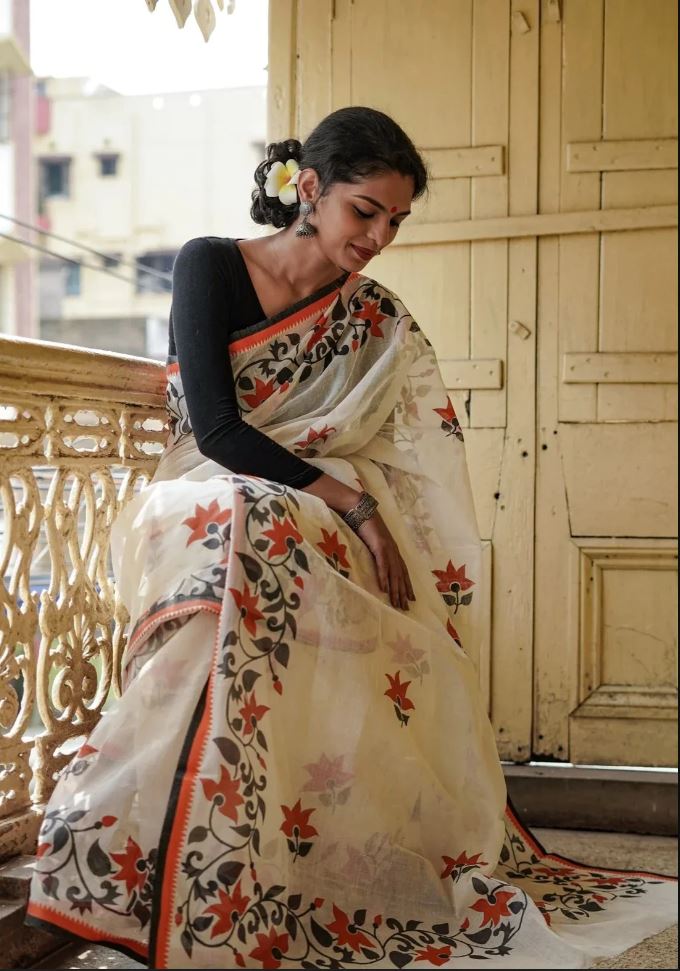 Dazzling White Color Cotton Linen Saree With Unstitched Blouse Piece For Women