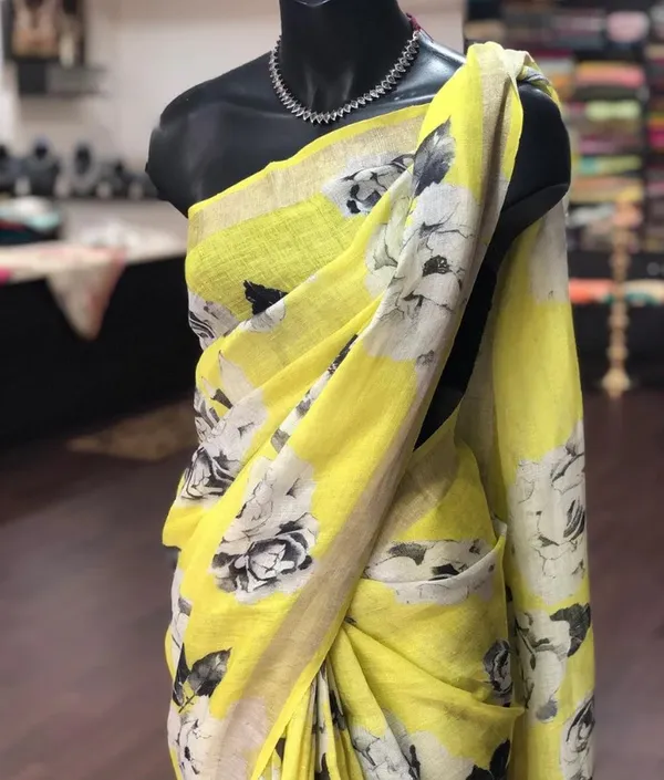 Mesmerizing Yellow Color Cotton Linen Saree With Unstitched Blouse Piece For Women