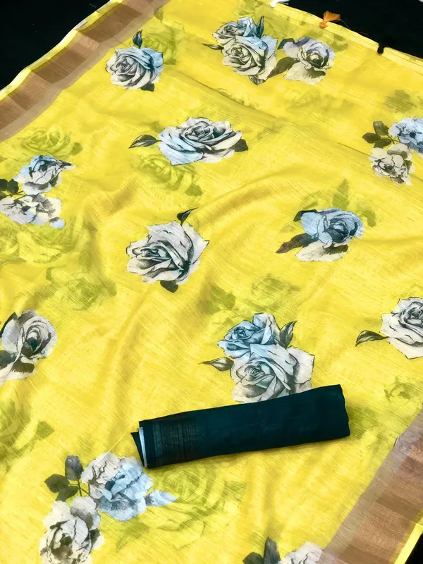 Mesmerizing Yellow Color Cotton Linen Saree With Unstitched Blouse Piece For Women