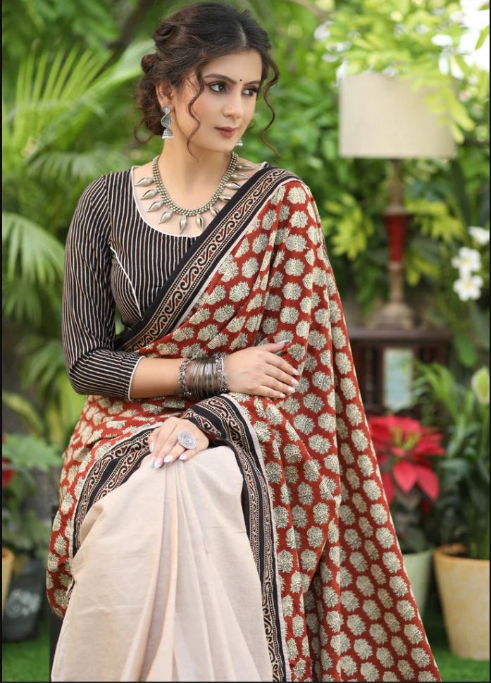 Traditional White Color Cotton Linen Saree With Unstitched Blouse Piece For Women