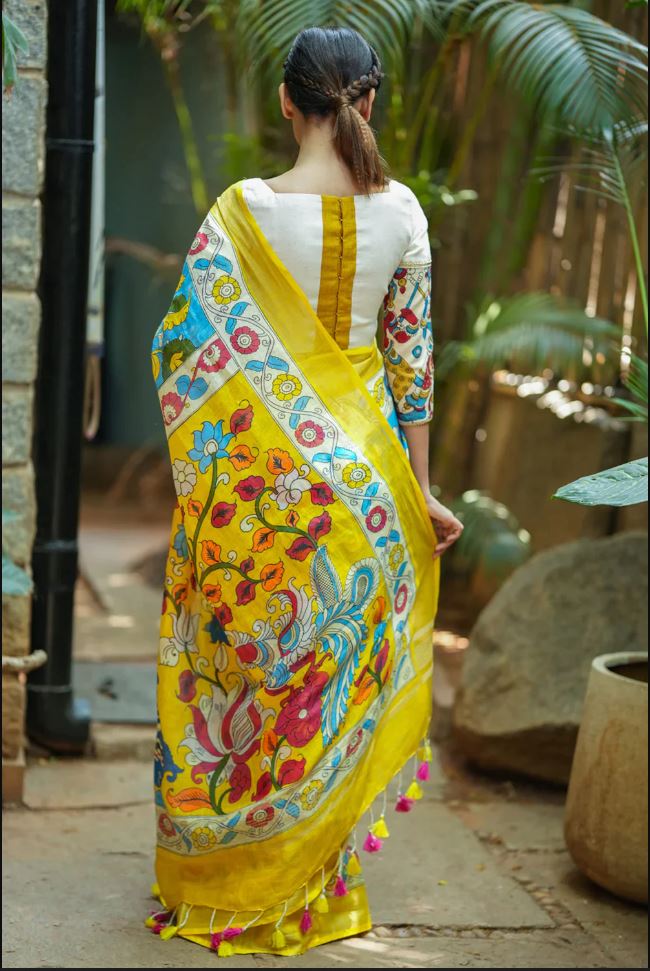 Regal Yellow Color Cotton Linen Saree With Unstitched Blouse Piece For Women